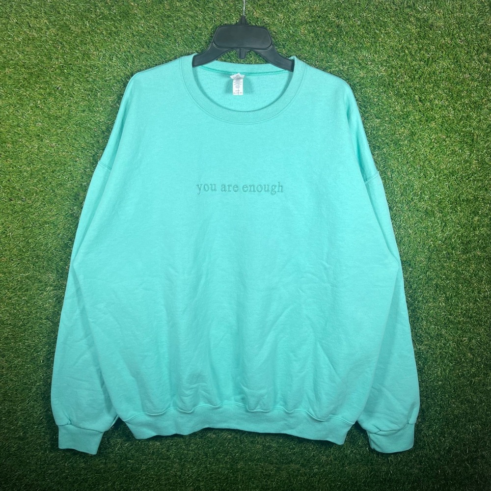Jerzees NuBlend‎ You Are Enough Embroidered Sweatshirt Mint Green Mens 2XL 4637